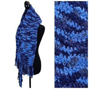 Blue Knitted Scarf with Textured Chevron Design and Fringes